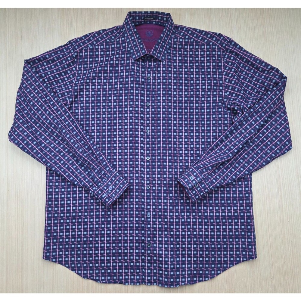 Bugatchi Uomo Button Front Shirt Mens Navy Red Square Classic Fit *read desc*